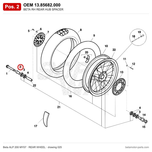 BETA RH REAR HUB SPACER – OEM 13.85682.000, position 2 on the Beta ALP 200 MY07 rear wheel drawing