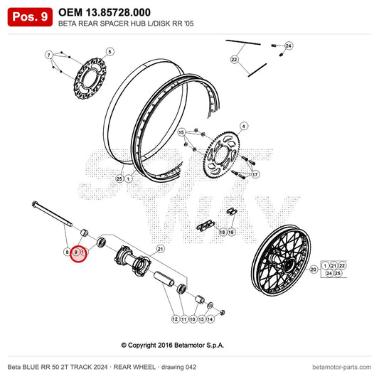 BETA REAR SPACER HUB L/DISK RR '05 – OEM 13.85728.000, position 9 on the Beta BLUE RR 50 2T TRACK 2024 rear wheel drawing