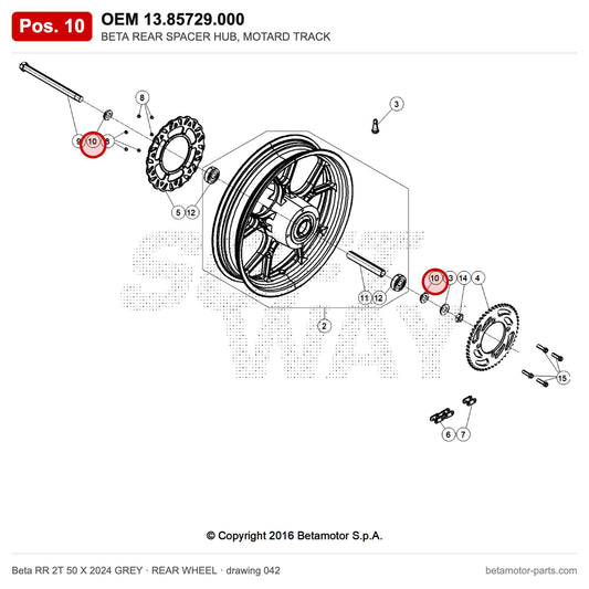 BETA REAR SPACER HUB, MOTARD TRACK – OEM 13.85729.000, position 10 on the Beta RR 2T 50 X 2024 GREY rear wheel drawing