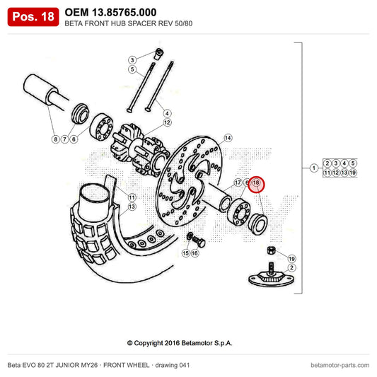 BETA FRONT HUB SPACER REV 50/80 – OEM 13.85765.000, position 18 on the Beta EVO 80 2T JUNIOR MY26 front wheel drawing