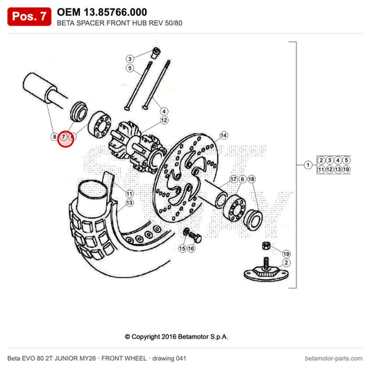 BETA SPACER FRONT HUB REV 50/80 – OEM 13.85766.000, position 7 on the Beta EVO 80 2T JUNIOR MY26 front wheel drawing