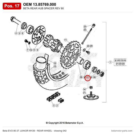 BETA REAR HUB SPACER REV 80 – OEM 13.85769.000, position 17 on the Beta EVO 80 2T JUNIOR MY26 rear wheel drawing