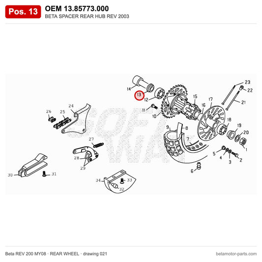BETA SPACER REAR HUB REV 2003 – OEM 13.85773.000, position 13 on the Beta REV 200 MY08 rear wheel drawing