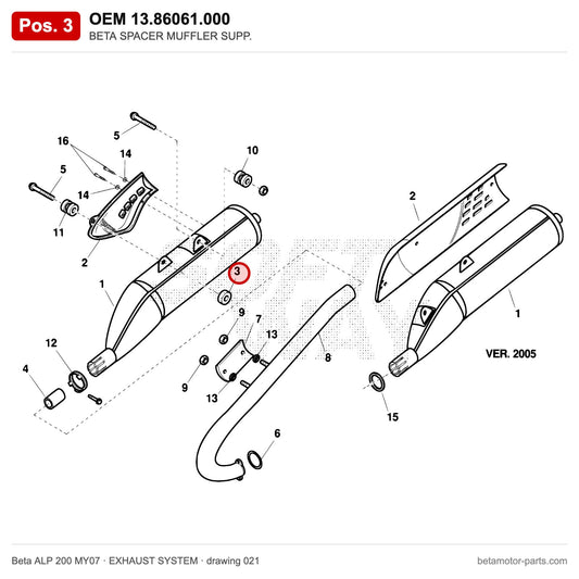 BETA SPACER MUFFLER SUPP. – OEM 13.86061.000, position 3 on the Beta ALP 200 MY07 exhaust system drawing