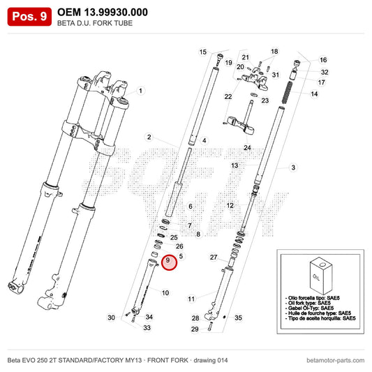 BETA D.U. FORK TUBE – OEM 13.99930.000, position 9 on the Beta EVO 250 2T STANDARD/FACTORY MY13 front fork drawing