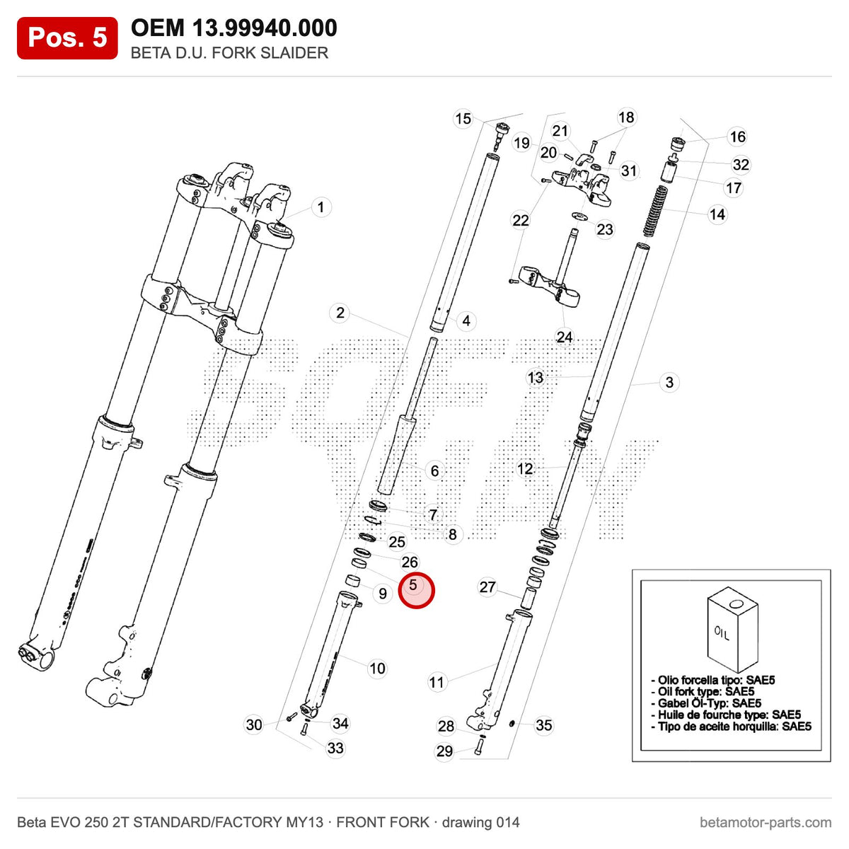 BETA D.U. FORK SLAIDER – OEM 13.99940.000, position 5 on the Beta EVO 250 2T STANDARD/FACTORY MY13 front fork drawing