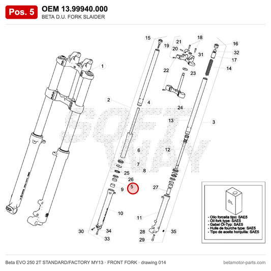 BETA D.U. FORK SLAIDER – OEM 13.99940.000, position 5 on the Beta EVO 250 2T STANDARD/FACTORY MY13 front fork drawing
