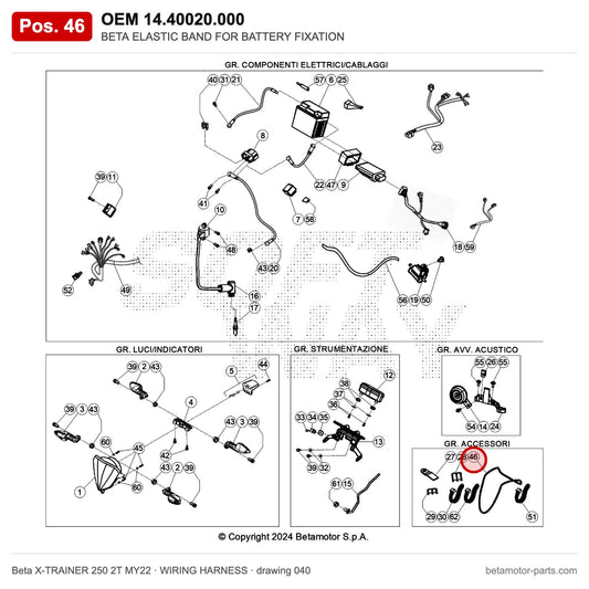 BETA ELASTIC BAND FOR BATTERY FIXATION – OEM 14.40020.000, position 46 on the Beta X-TRAINER 250 2T MY22 wiring harness drawing