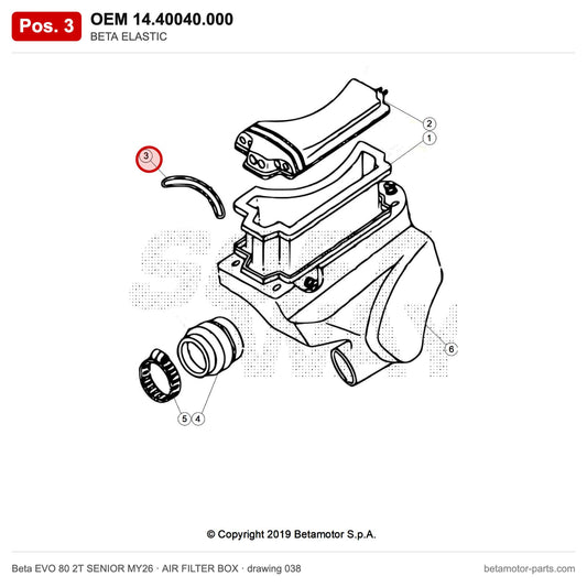 BETA ELASTIC – OEM 14.40040.000, position 3 on the Beta EVO 80 2T SENIOR MY26 air filter box drawing