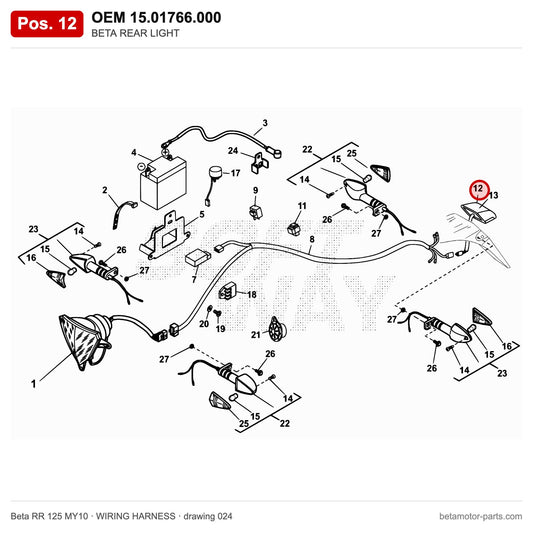 BETA REAR LIGHT – OEM 15.01766.000, position 12 on the Beta RR 125 MY10 wiring harness drawing