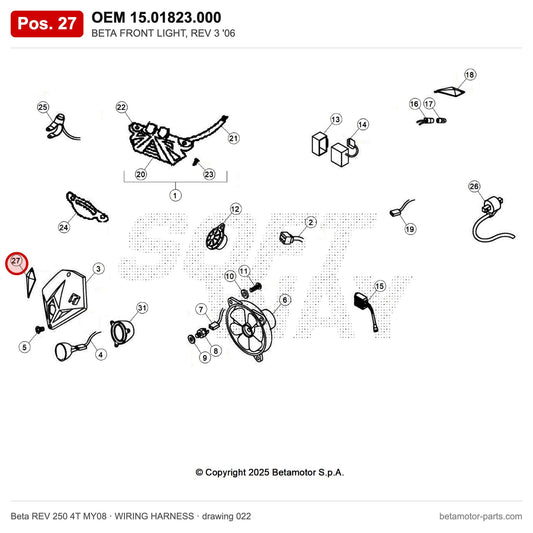 BETA FRONT LIGHT, REV 3 '06 – OEM 15.01823.000, position 27 on the Beta REV 250 4T MY08 wiring harness drawing
