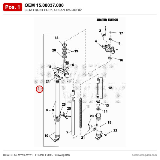 BETA FRONT FORK, URBAN 125-200 16" – OEM 15.08037.000, position 1 on the Beta RR 50 MY10-MY11 front fork drawing