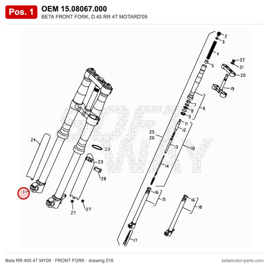 BETA FRONT FORK, D.45 RR 4T MOTARD'09 – OEM 15.08067.000, position 1 on the Beta RR 400 4T MY09 front fork drawing