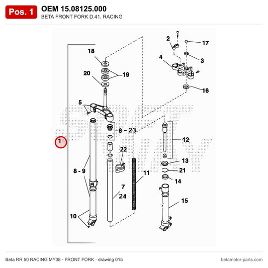 BETA FRONT FORK D.41, RACING – OEM 15.08125.000, position 1 on the Beta RR 50 RACING MY08 front fork drawing
