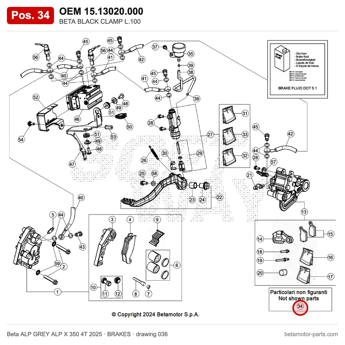 BETA BLACK CLAMP L.100 – OEM 15.13020.000, position 34 on the Beta ALP GREY ALP X 350 4T 2025 brakes drawing