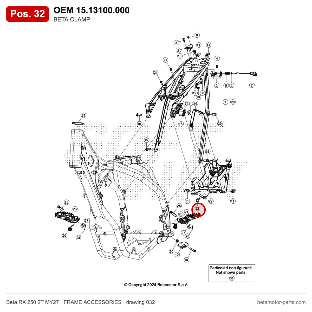 BETA CLAMP – OEM 15.13100.000, position 32 on the Beta RX 250 2T MY27 frame accessories drawing