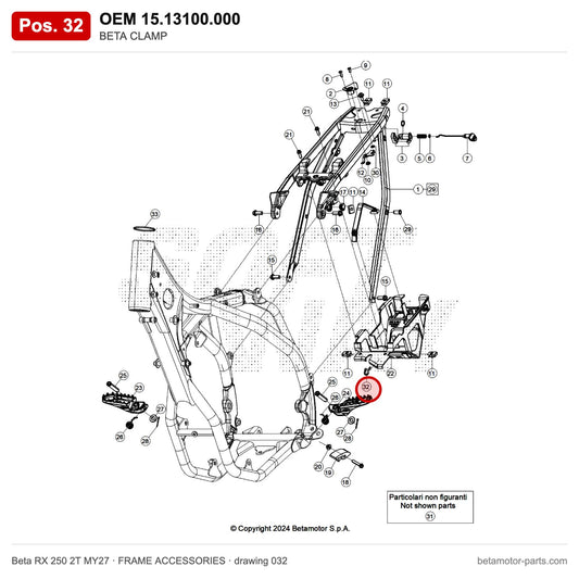 BETA CLAMP – OEM 15.13100.000, position 32 on the Beta RX 250 2T MY27 frame accessories drawing