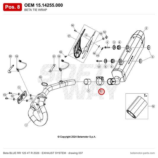 BETA TIE WRAP – OEM 15.14255.000, position 8 on the Beta BLUE RR 125 4T R 2026 exhaust system drawing