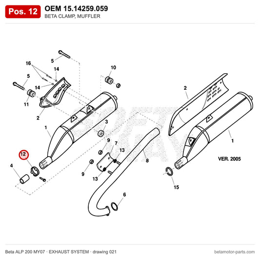 BETA CLAMP, MUFFLER – OEM 15.14259.059, position 12 on the Beta ALP 200 MY07 exhaust system drawing