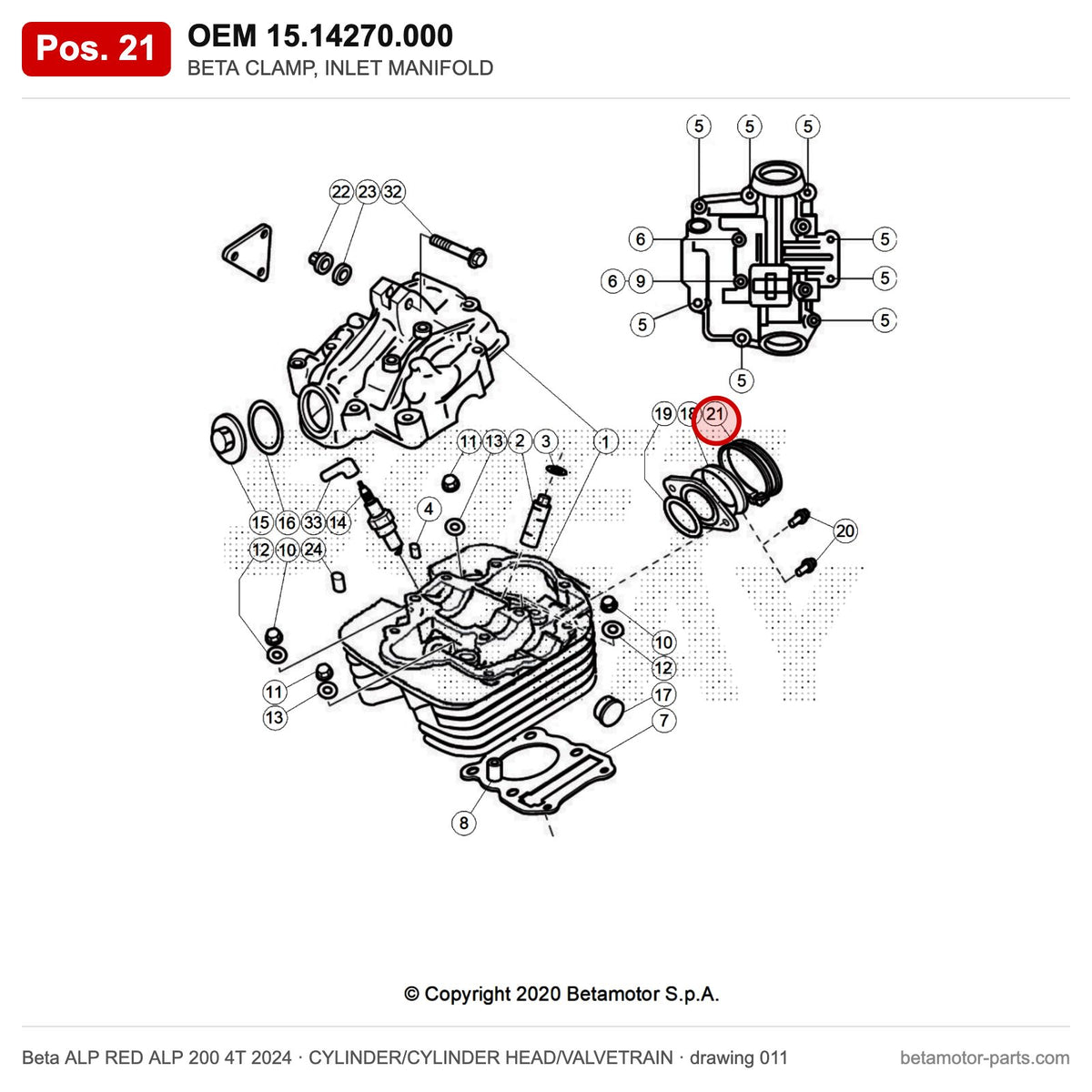 BETA CLAMP, INLET MANIFOLD – OEM 15.14270.000, position 21 on the Beta ALP RED ALP 200 4T 2024 cylinder/cylinder head/valvetrain drawing