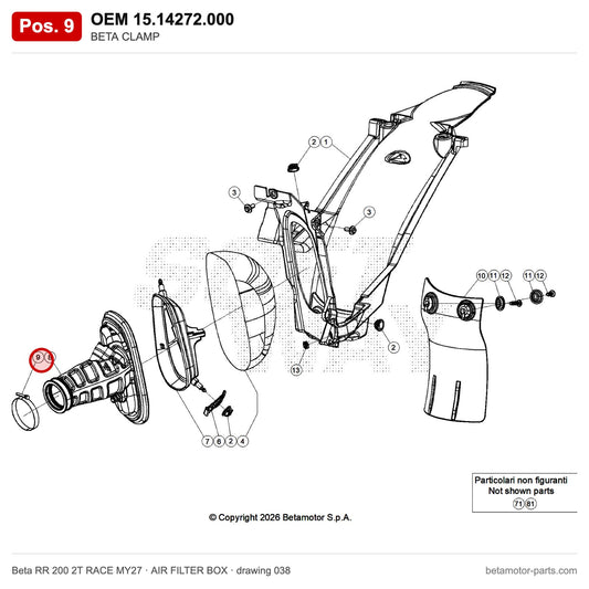 BETA CLAMP – OEM 15.14272.000, position 9 on the Beta RR 200 2T RACE MY27 air filter box drawing