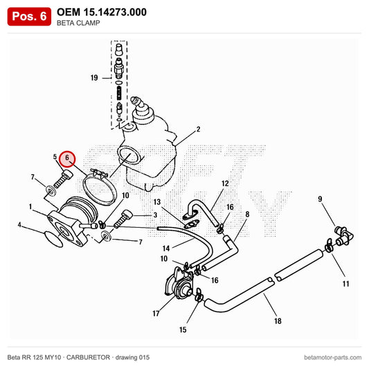 BETA CLAMP – OEM 15.14273.000, position 6 on the Beta RR 125 MY10 carburetor drawing