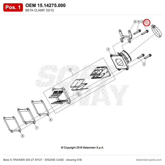 BETA CLAMP, 52/12 – OEM 15.14275.000, position 1 on the Beta X-TRAINER 300 2T MY27 engine case drawing