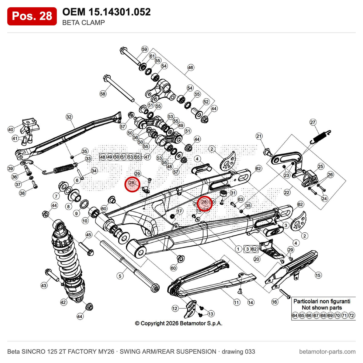 BETA CLAMP – OEM 15.14301.052, position 28 on the Beta SINCRO 125 2T FACTORY MY26 swing arm/rear suspension drawing
