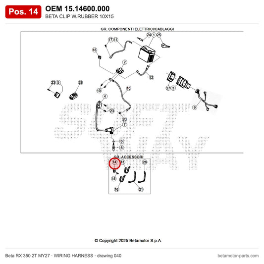 BETA CLIP W.RUBBER 10X15 – OEM 15.14600.000, position 14 on the Beta RX 350 2T MY27 wiring harness drawing
