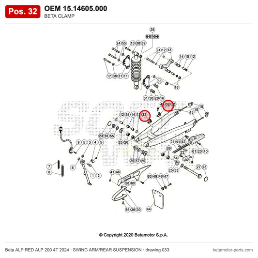 BETA CLAMP – OEM 15.14605.000, position 32 on the Beta ALP RED ALP 200 4T 2024 swing arm/rear suspension drawing