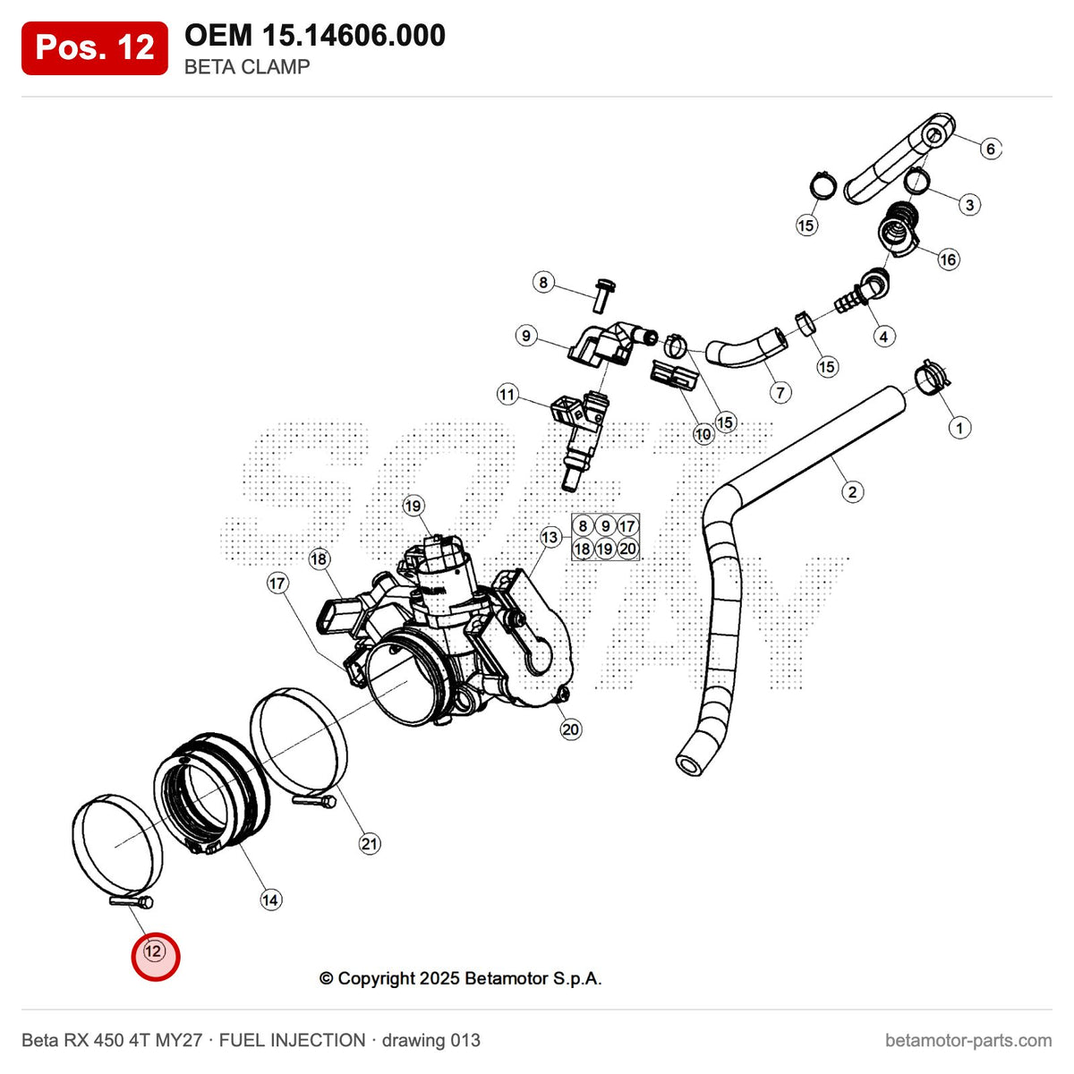 BETA CLAMP – OEM 15.14606.000, position 12 on the Beta RX 450 4T MY27 fuel injection drawing