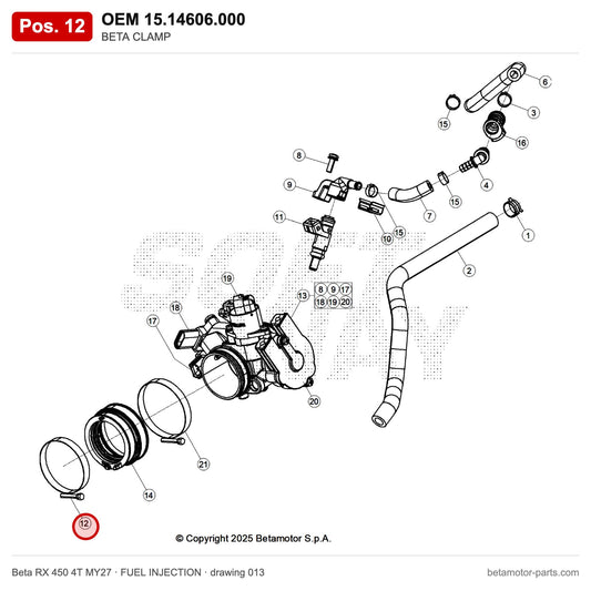 BETA CLAMP – OEM 15.14606.000, position 12 on the Beta RX 450 4T MY27 fuel injection drawing