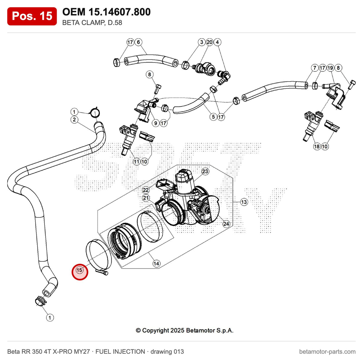 BETA CLAMP, D.58 – OEM 15.14607.800, position 15 on the Beta RR 350 4T X-PRO MY27 fuel injection drawing