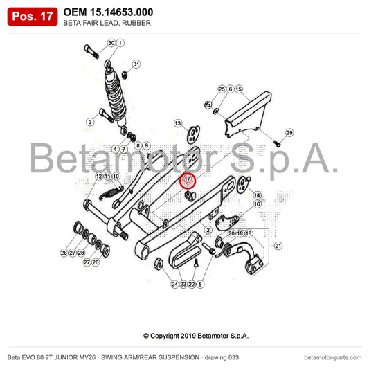 BETA FAIR LEAD, RUBBER – OEM 15.14653.000, position 17 on the Beta EVO 80 2T JUNIOR MY26 swing arm/rear suspension drawing