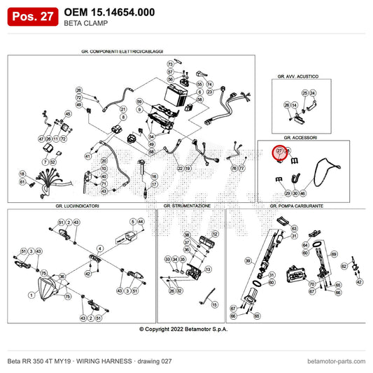 BETA CLAMP – OEM 15.14654.000, position 27 on the Beta RR 350 4T MY19 wiring harness drawing