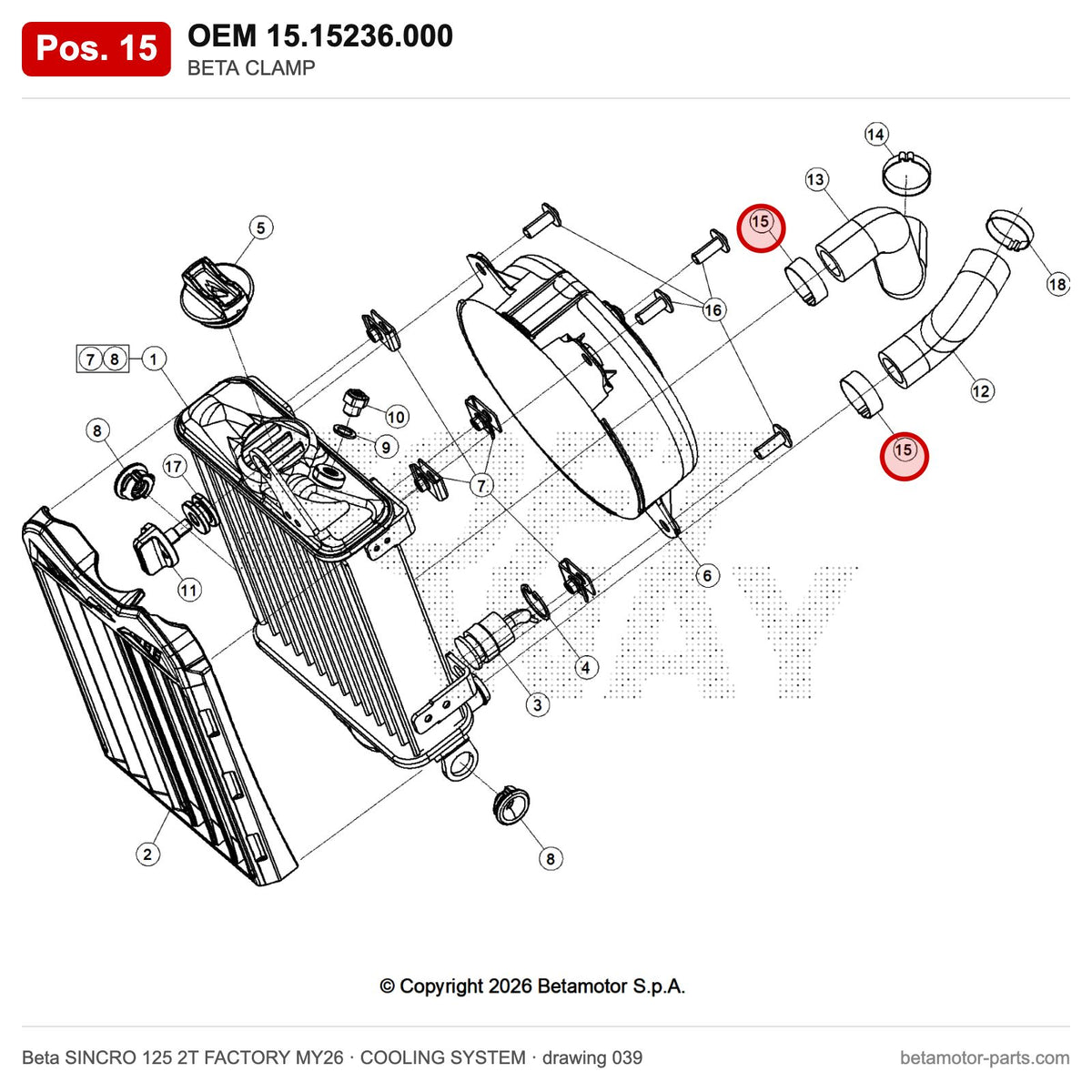 BETA CLAMP – OEM 15.15236.000, position 15 on the Beta SINCRO 125 2T FACTORY MY26 cooling system drawing