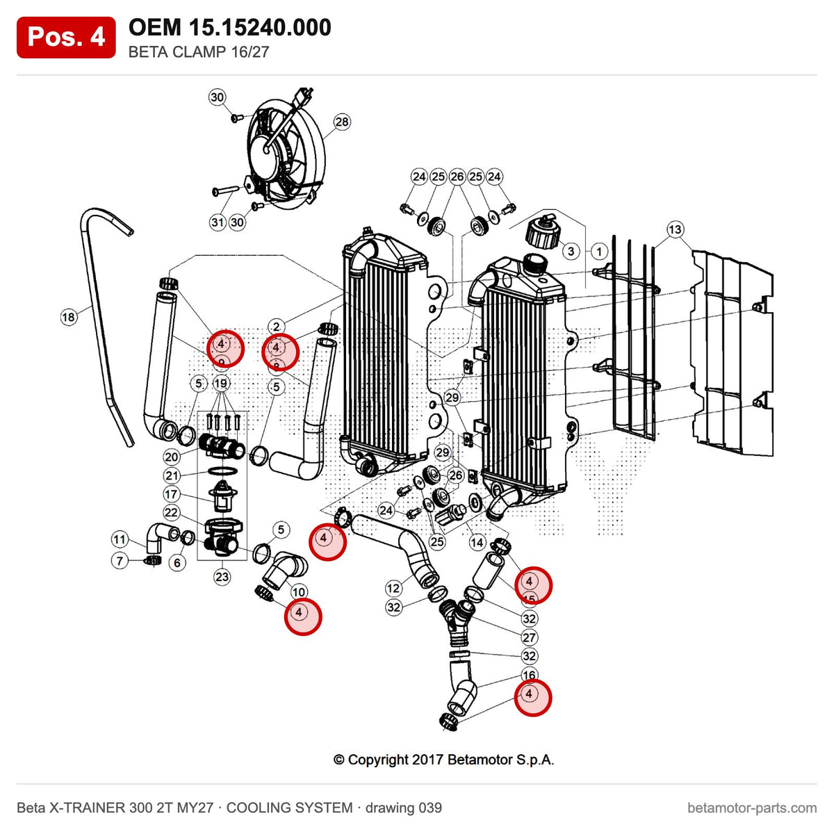 BETA CLAMP 16/27 – OEM 15.15240.000, position 4 on the Beta X-TRAINER 300 2T MY27 cooling system drawing