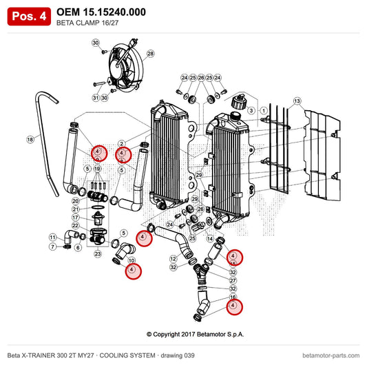 BETA CLAMP 16/27 – OEM 15.15240.000, position 4 on the Beta X-TRAINER 300 2T MY27 cooling system drawing