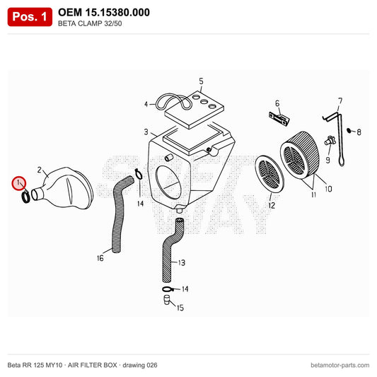 BETA CLAMP 32/50 – OEM 15.15380.000, position 1 on the Beta RR 125 MY10 air filter box drawing