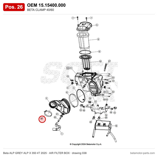 BETA CLAMP 40/60 – OEM 15.15400.000, position 26 on the Beta ALP GREY ALP X 350 4T 2025 air filter box drawing