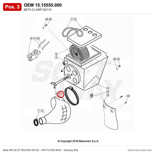 BETA CLAMP 90/110 – OEM 15.15555.000, position 3 on the Beta RR 50 2T RACING MY20 air filter box drawing