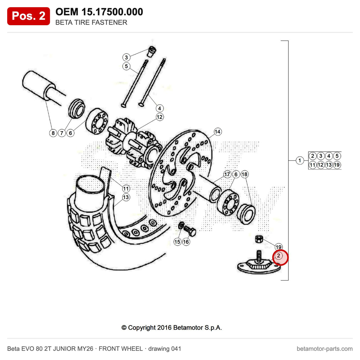 BETA TIRE FASTENER – OEM 15.17500.000, position 2 on the Beta EVO 80 2T JUNIOR MY26 front wheel drawing
