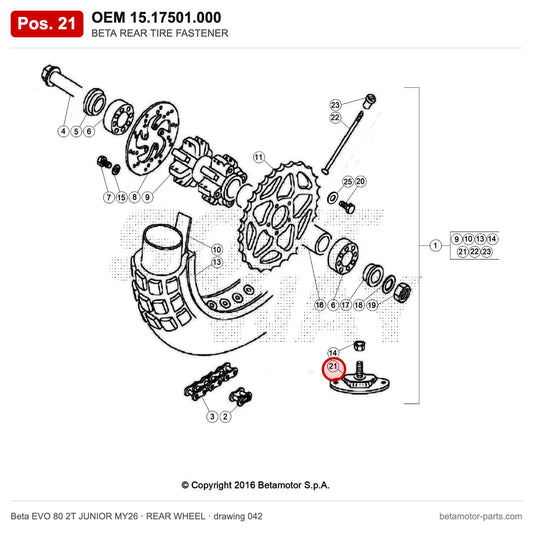 BETA REAR TIRE FASTENER – OEM 15.17501.000, position 21 on the Beta EVO 80 2T JUNIOR MY26 rear wheel drawing