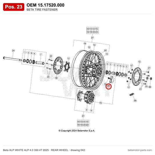 BETA TIRE FASTENER – OEM 15.17520.000, position 23 on the Beta ALP WHITE ALP 4.0 350 4T 2025 rear wheel drawing