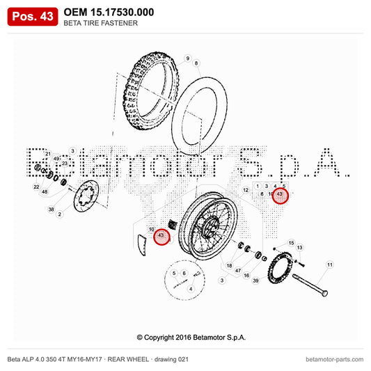 BETA TIRE FASTENER – OEM 15.17530.000, position 43 on the Beta ALP 4.0 350 4T MY16-MY17 rear wheel drawing