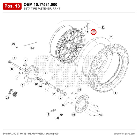 BETA TIRE FASTENER, RR 4T – OEM 15.17531.000, position 18 on the Beta RR 250 2T MY16 rear wheel drawing