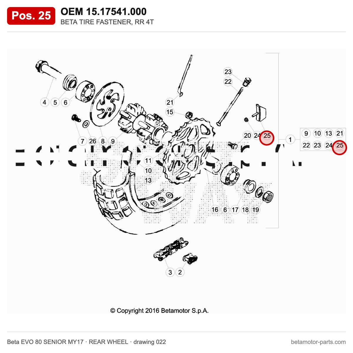 BETA TIRE FASTENER, RR 4T – OEM 15.17541.000, position 25 on the Beta EVO 80 SENIOR MY17 rear wheel drawing