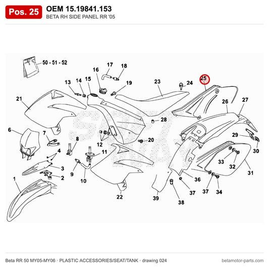 BETA RH SIDE PANEL RR '05 – OEM 15.19841.153, position 25 on the Beta RR 50 MY05-MY06 plastic accessories/seat/tank drawing