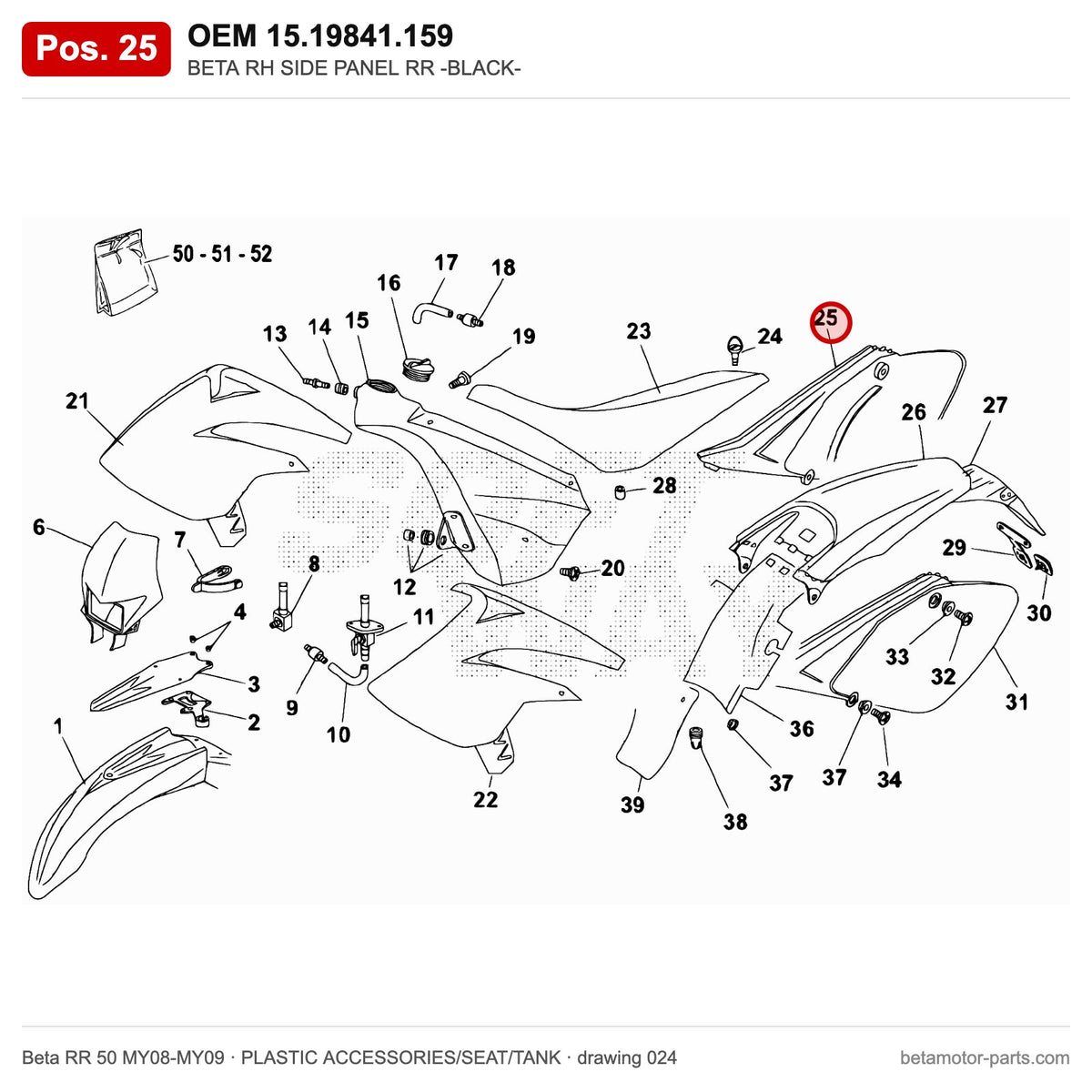 BETA RH SIDE PANEL RR -BLACK- – OEM 15.19841.159, position 25 on the Beta RR 50 MY08-MY09 plastic accessories/seat/tank drawing