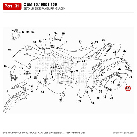 BETA LH SIDE PANEL RR -BLACK- – OEM 15.19851.159, position 31 on the Beta RR 50 MY08-MY09 plastic accessories/seat/tank drawing